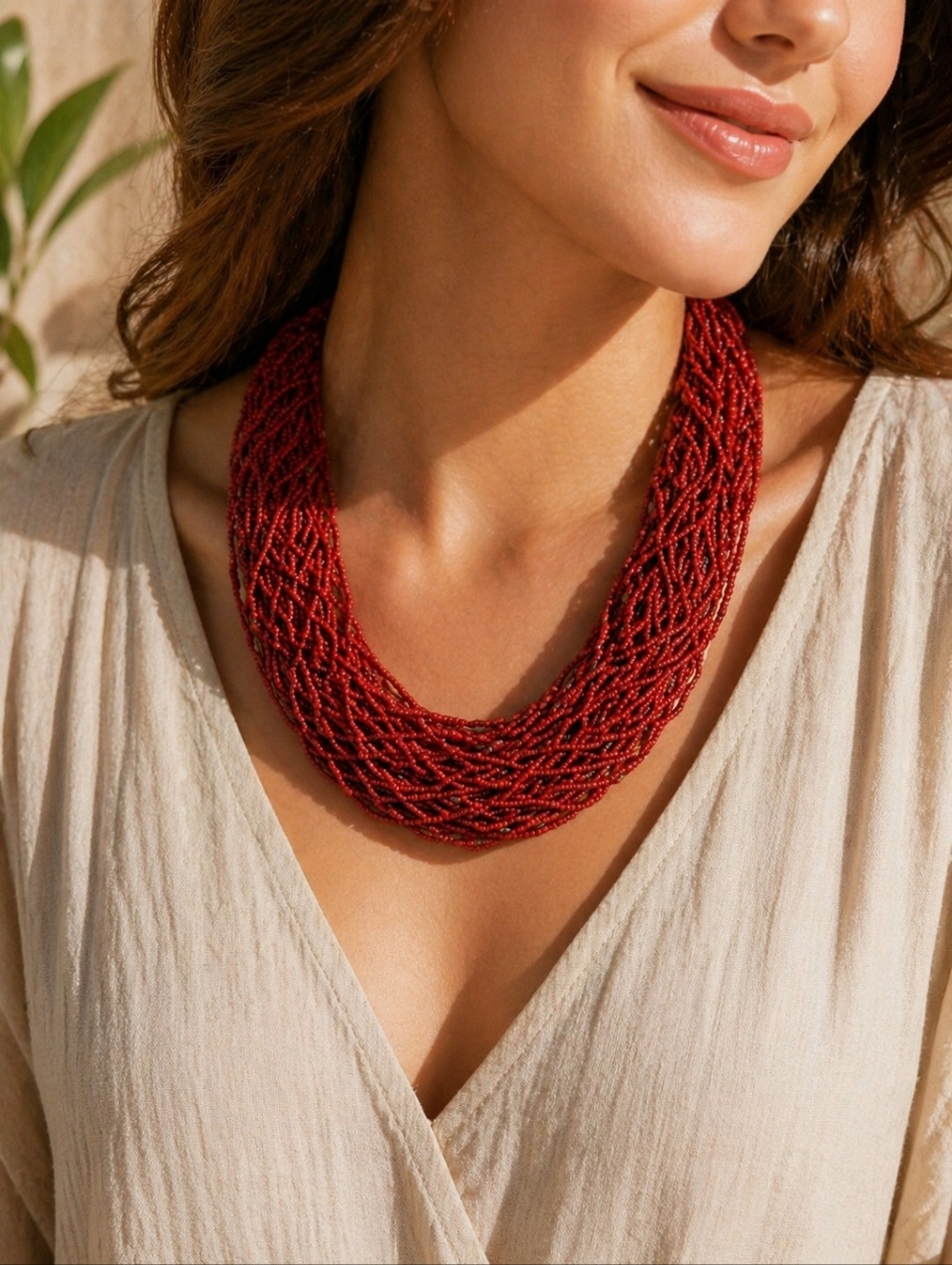 Vintage Red Seed Bead Multi Strand Necklace Torsade Statement Collar 33